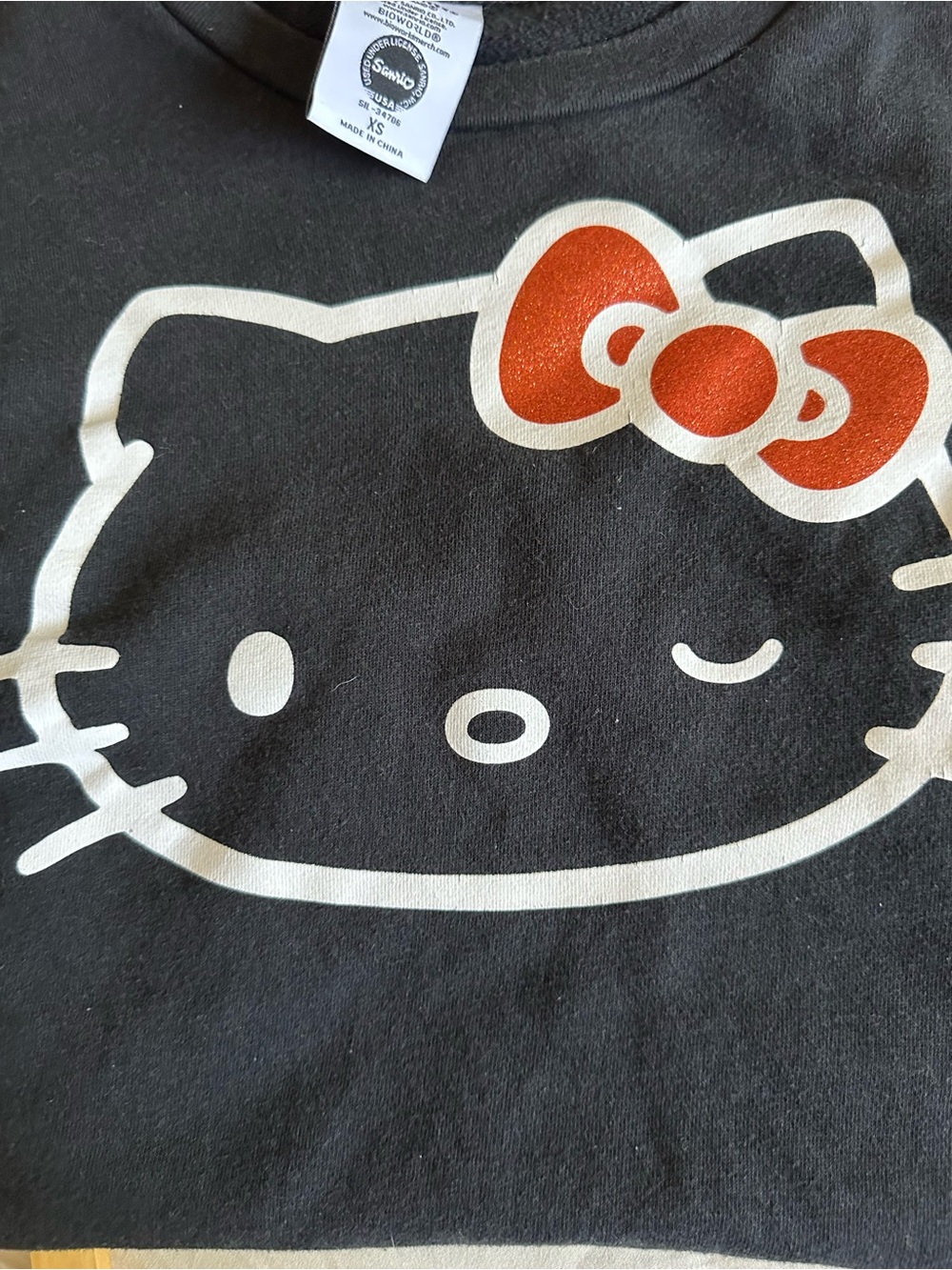 Hello Kitty Sanrio Crewneck Black Sweatshirt Orange Glitter Bow Women's XS - Picture 5 of 6